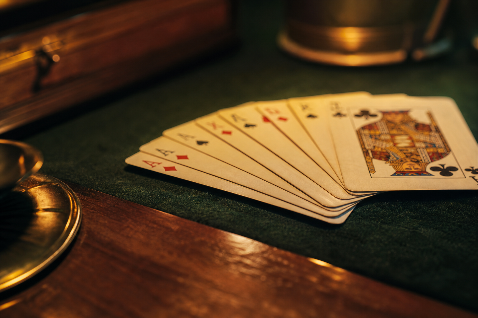 Close-up of playing cards and warm side lighting on felt