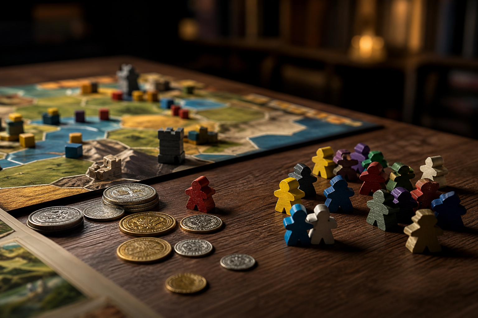 Wooden tabletop with dice, meeples, and rulebook spread