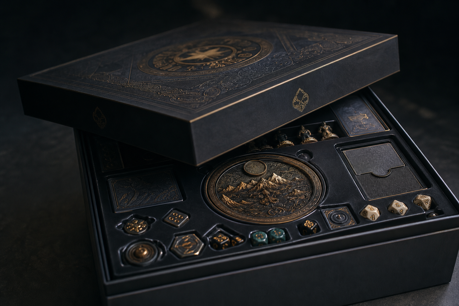 Collector deluxe board game box with ornate components and dice